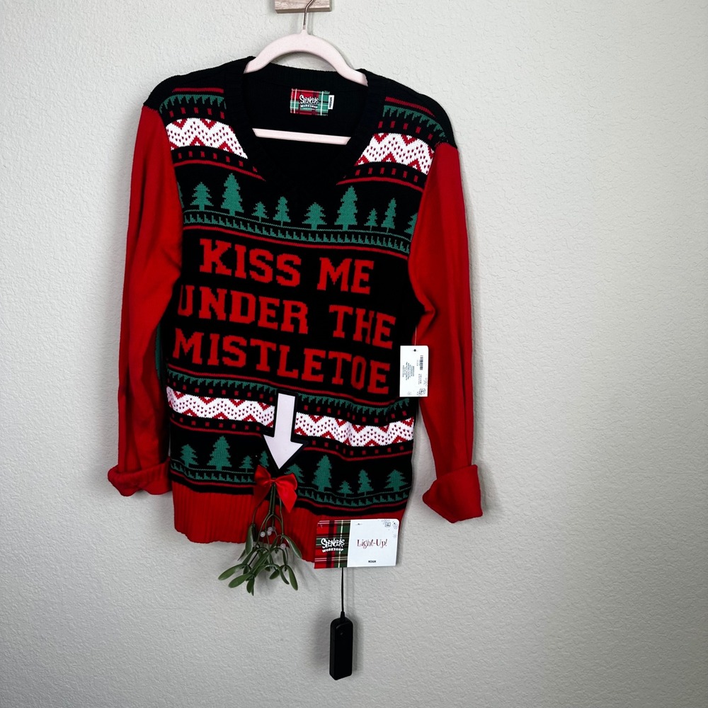 Spencers Workshop Kiss Me Under The Mistletoe Light Up Ugly Christmas Sweater M